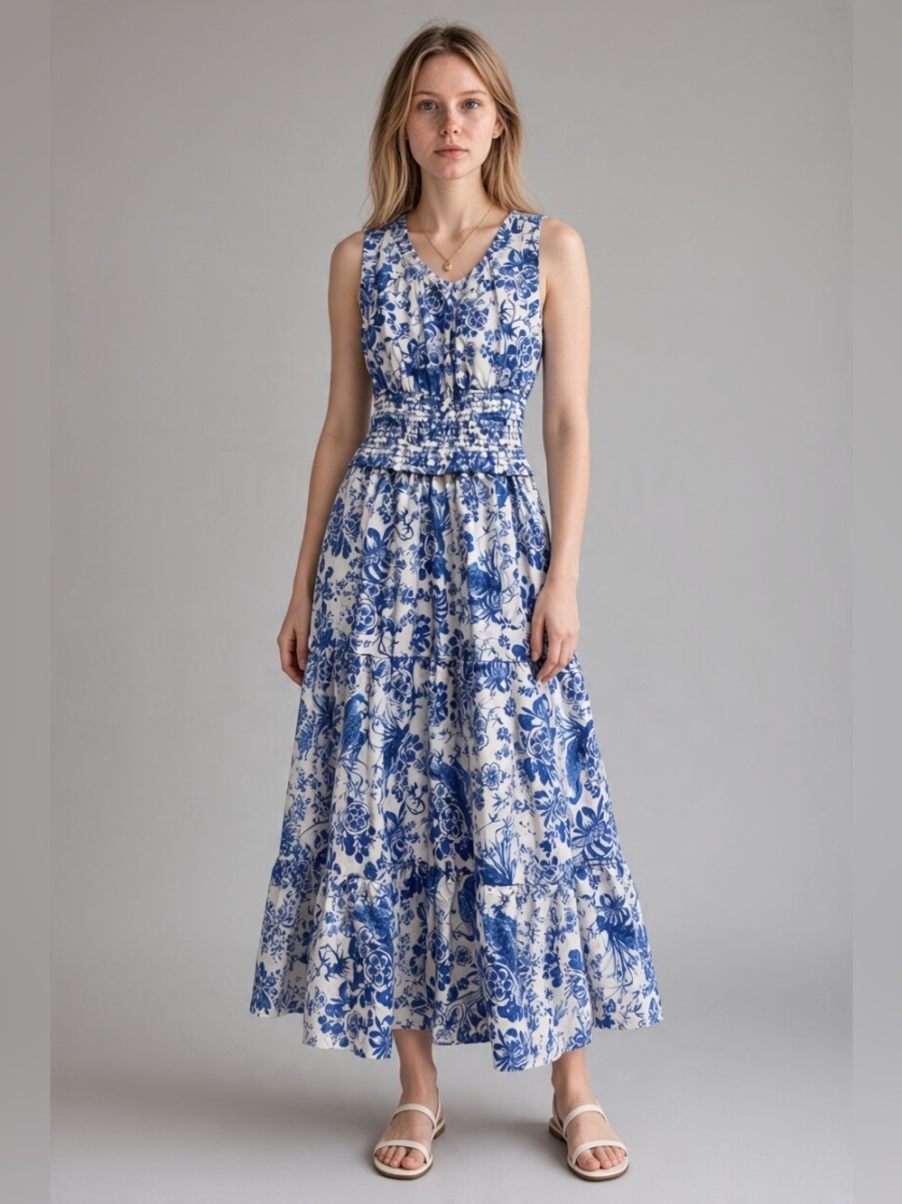Anthropologie Sleeveless Blue & White Floral Maxi Dress XXS